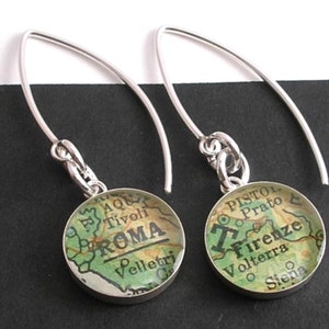 Custom Gifts, Modern Vintage Map Dangle Earrings.  Roma and Firenze Italy.  Made to Order.  Stocking Stuffers For Women