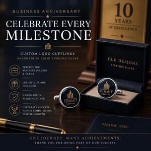May include: Round sterling silver cufflinks featuring a black circular inlay with the gold-colored Summit Capital logo and building graphic. One cufflink rests inside a black presentation box labeled DLK Designs, while the other sits beside it.