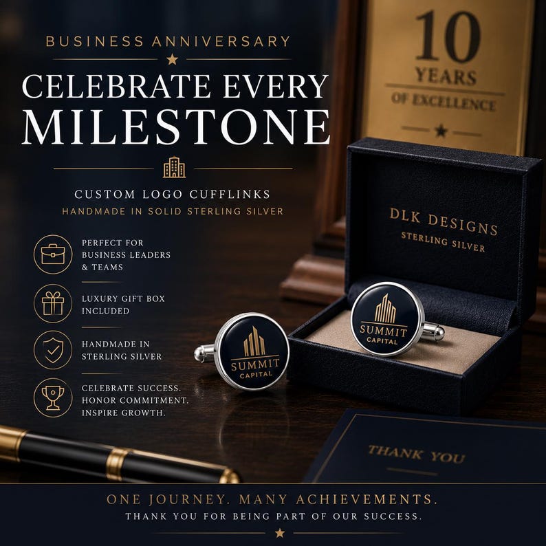 May include: Round sterling silver cufflinks featuring a black circular inlay with the gold-colored Summit Capital logo and building graphic. One cufflink rests inside a black presentation box labeled DLK Designs, while the other sits beside it.