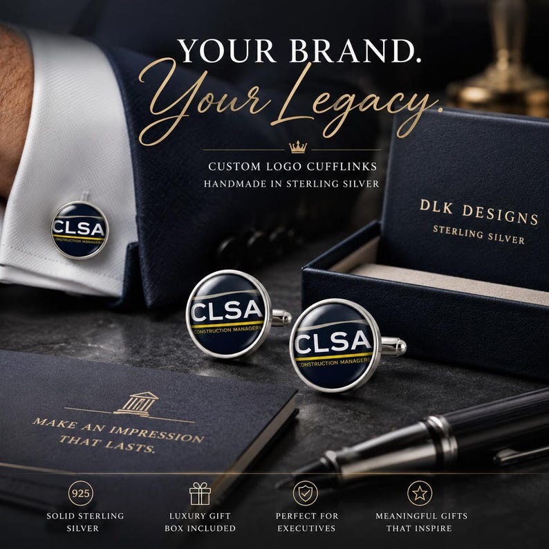 May include: Round sterling silver cufflinks featuring the CLSA Construction Managers logo in navy blue, white, and gold. The set includes a dark blue presentation box with the text DLK DESIGNS STERLING SILVER and a card reading MAKE AN IMPRESSION THAT LASTS.