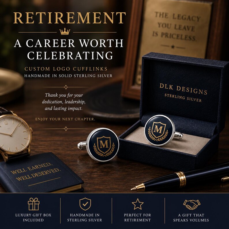 May include: Round sterling silver cufflinks featuring a dark blue center with a gold-colored letter M inside a shield and laurel wreath design. The set includes a dark blue presentation box with the text DLK DESIGNS STERLING SILVER printed inside.