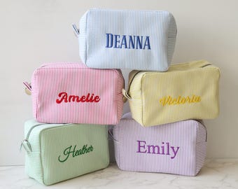 Bolsa de cosméticos bordada personalizada, bolsa de maquillaje de sirsaca, regalos para damas de honor, regalos para despedidas de soltera, organizador de maquillaje, regalo para despedida de soltera