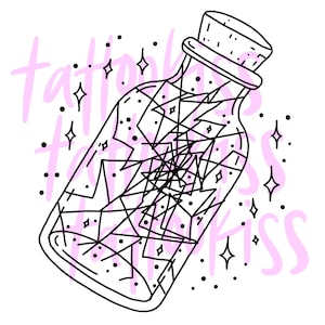 May include: A black and white line drawing of a glass bottle with a cork stopper. The bottle is filled with a swirling pattern of stars and lines. The text "tattooed happiness" is written in pink cursive letters around the bottle.