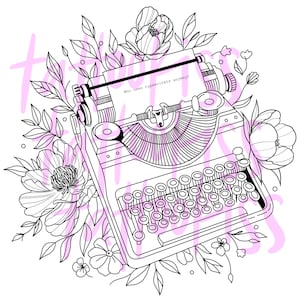 May include: Black and white line art illustration of a vintage typewriter with the text "Who uses typewriters anyway?" on the carriage. The typewriter is surrounded by flowers and leaves.