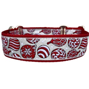 Wide 1 1/2 inch Adjustable Buckle or Martingale Dog Collar in silver with red ornaments