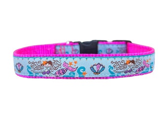 5/8 or 3/4 Inch Wide Dog Collar with Adjustable Buckle or Martingale in Mermaids