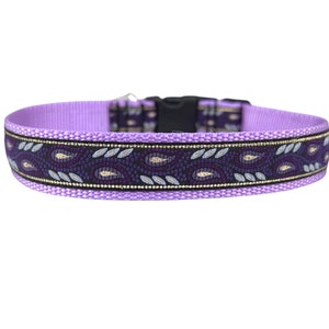 1 Inch Wide Dog Collar with Adjustable Buckle or Martingale in Purple and Lavender Paisley