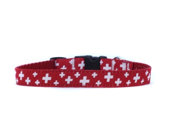 5/8 or 3/4 Inch Wide Dog Collar with Adjustable Buckle or Martingale in Swiss Flag