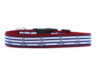 1 Inch Wide Dog Collar with Adjustable Buckle or Martingale in Patriotic Anchor