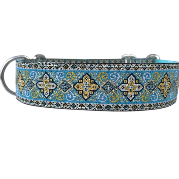 Wide 1 1/2 inch Adjustable Buckle or Martingale Dog Collar in Medieval Blue