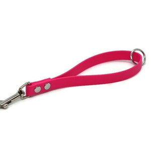 May include: A bright pink dog leash with a silver clip and a silver ring. The leash is made of a soft, flexible material.