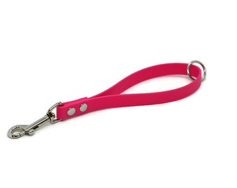 May include: A bright pink dog leash with a silver clip and a silver ring. The leash is made of a soft, flexible material.