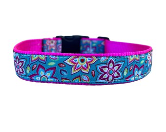 1 Inch Wide Dog Collar with Adjustable Buckle or Martingale in Teal and Fuschia Flowers