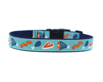 1 Inch Wide Dog Collar with Adjustable Buckle or Martingale in Meat Lovers in Blue