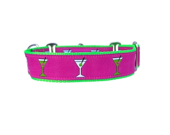 Wide 1 1/2 inch Adjustable Buckle or Martingale Dog Collar in Martini Time