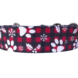 Wide 1 1/2 inch Adjustable Buckle or Martingale Dog Collar in Buffalo Plaid Snowflakes and Paws