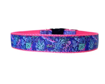 1 Inch Wide Dog Collar with Adjustable Buckle or Martingale in Sea Life