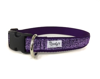 1 Inch Wide Dog Collar with Adjustable Buckle or Martingale in Purple Glitter