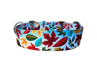 Wide 1 1/2 inch Adjustable Buckle or Martingale Dog Collar Autumn Leaves