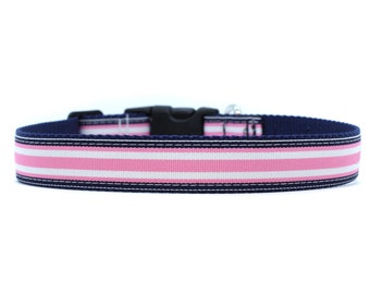 1 Inch Wide Dog Collar with Adjustable Buckle or Martingale in Preppy Pink and Navy Stripe