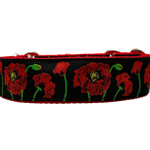 Wide 1 1/2 inch Adjustable Buckle or Martingale Dog Collar in Poppies