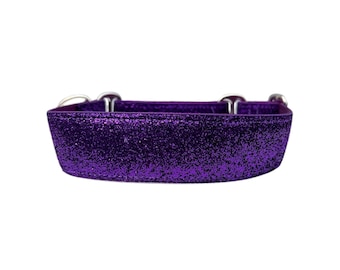 Wide 1 1/2 inch Adjustable Buckle or Martingale Dog Collar in Dark Purple Glitter