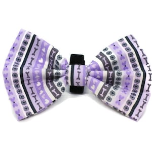 Bow Tie for Dog Collar attaches with hook-and-loop fastener Purple Dog Stripes