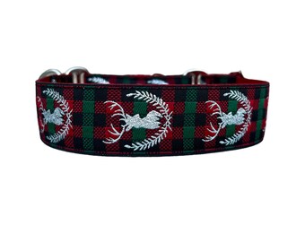 Wide 1 1/2 inch Adjustable Buckle or Martingale Dog Collar in Plaid Deer