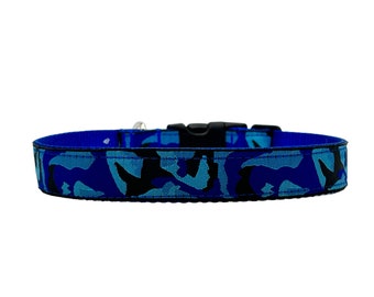 1 Inch Wide Dog Collar with Adjustable Buckle or Martingale in Blue Camo