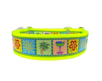 Wide 1 1/2 inch Adjustable Buckle or Martingale Dog Collar in Neon Summer