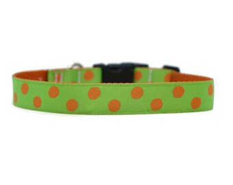 1 Inch Wide Dog Collar with Adjustable Buckle or Martingale in Green and Orange Dots