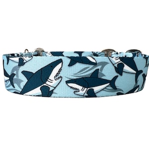 Wide 1 1/2 inch Adjustable Buckle or Martingale Dog Collar in Sharks