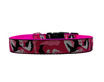 1 Inch Wide Dog Collar with Adjustable Buckle or Martingale in Pink Camo