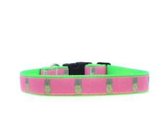 1 Inch Wide Dog Collar with Adjustable Buckle or Martingale in Pineapples Pink