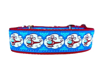 Wide 1 1/2 inch Adjustable Buckle or Martingale Dog Collar in Helicopter