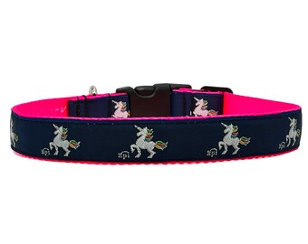1 Inch Wide Dog Collar with Adjustable Buckle or Martingale in Navy Unicorn