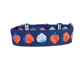 Wide 1 1/2 inch Adjustable Buckle or Martingale Dog Collar in Sweet Strawberries on Navy