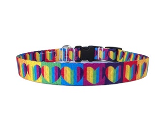 Collier pour chien de 5/8 po. de large avec boucle réglable ou martingale en coeur arc-en-ciel
