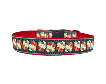 1 Inch Wide Dog Collar with Adjustable Buckle or Martingale in Strawberry Patch