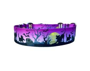 Wide 1 1/2 inch Adjustable Buckle or Martingale Dog Collar Halloween Graveyard