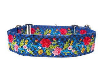 Brett hundhalsband med justerbart spänne eller martingale-spänne i rutmönster Royal Rose, 3,5 cm