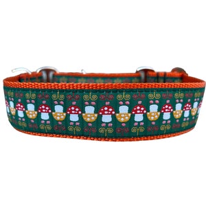 Wide 1 1/2 inch Adjustable Buckle or Martingale Dog Collar in Mushrooms Green and Orange