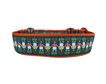 Wide 1 1/2 inch Adjustable Buckle or Martingale Dog Collar in Mushrooms Green and Orange