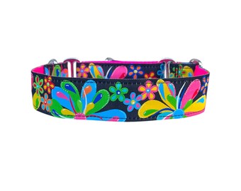 Wide 1 1/2 inch Adjustable Buckle or Martingale Dog Collar in Flower Pop