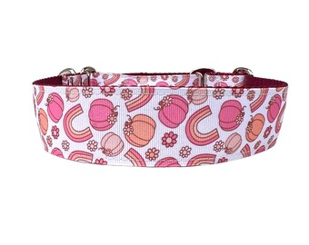 Wide 1 1/2 inch Adjustable Buckle or Martingale Dog Collar in Pumpkin and Rainbows Halloween and Fall
