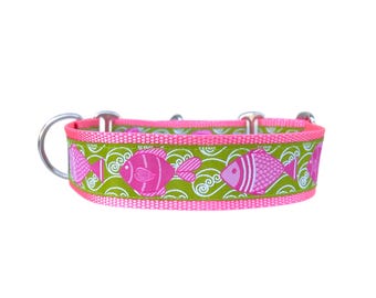 Wide 1 1/2 inch Adjustable Buckle or Martingale Dog Collar in Fishy Face