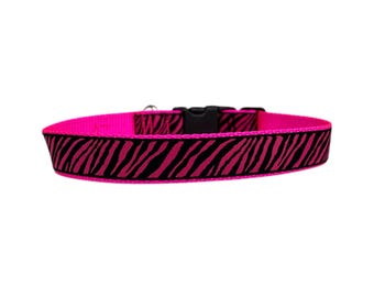 2,5cm breites Hundehalsband mit verstellbarer Schnalle oder Martingale in den Farben Pink Zebra auf Fuschia