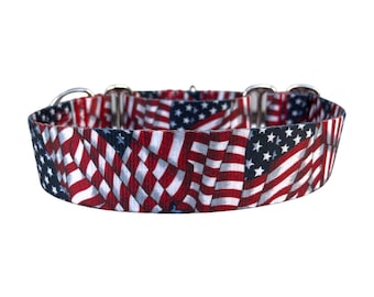Brett 1 1/2 tums justerbart spänne eller Martingale hundhalsband i amerikansk flagga