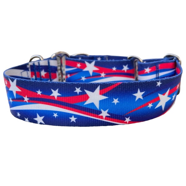 Wide 1 1/2 inch Adjustable Buckle or Martingale Dog Collar in Patriotic Swirl