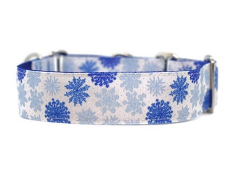Wide 1 1/2 inch Adjustable Buckle or Martingale Dog Collar in Winter Snow